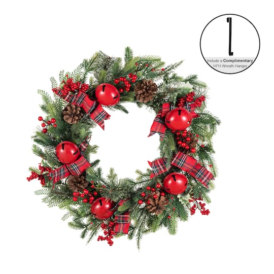 Glitzhome® 26" Christmas Bell Pinecone & Berry Bow Wreath